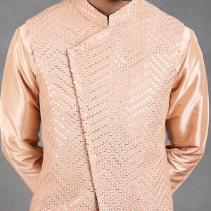 Peach Kurta Set With Bundi Jacket